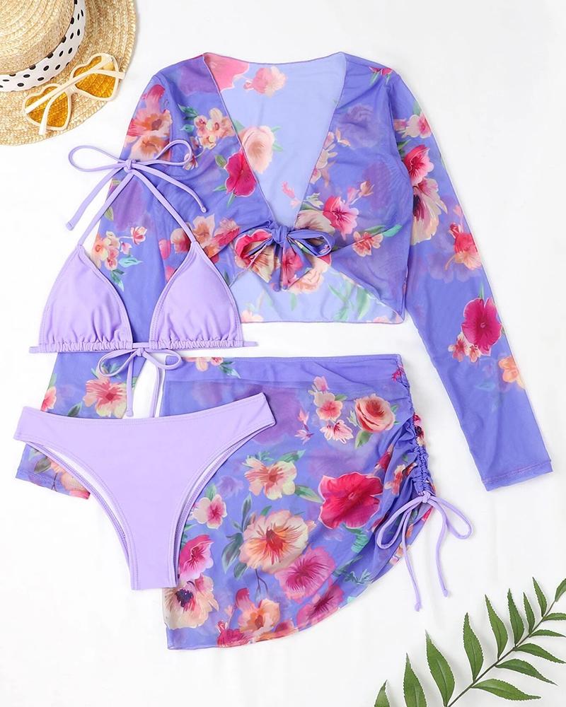 

4PCS Floral Print Tied Detail Cover Up Crop Top & Skirt & Bikini Set, Purple