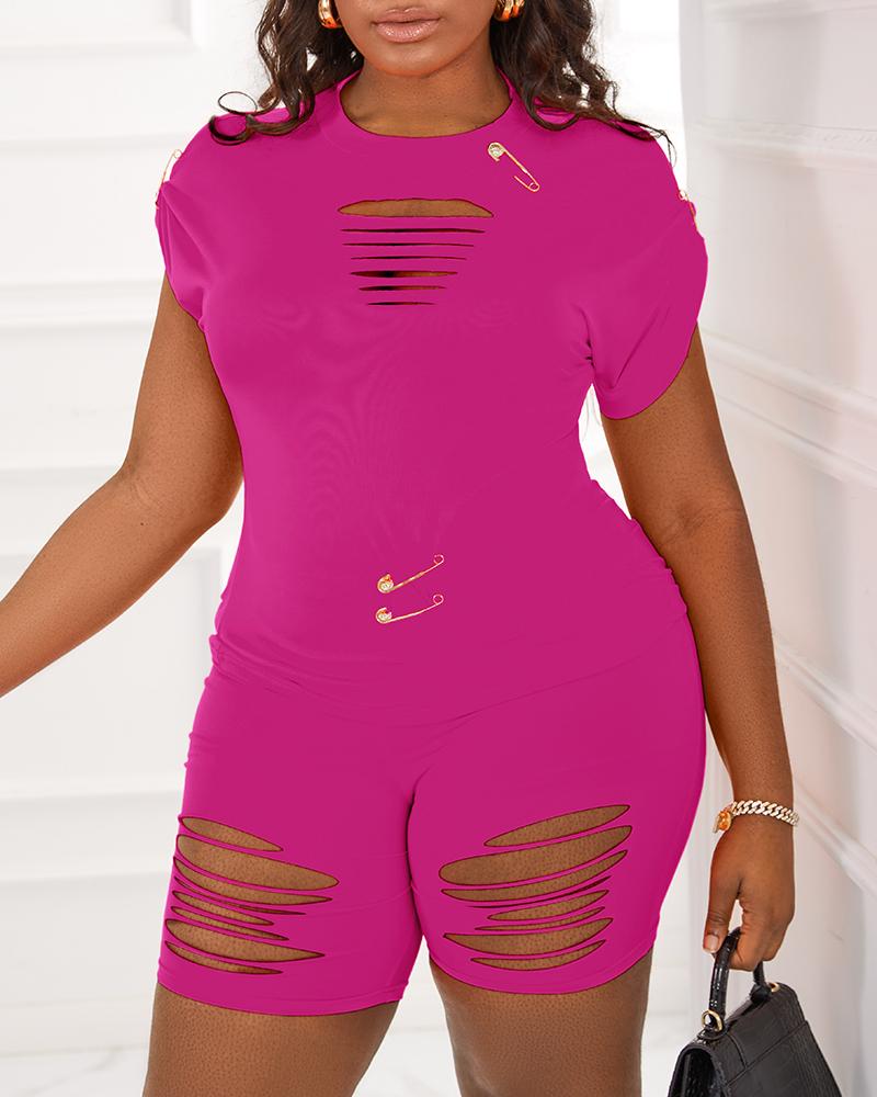 

Ladder Cutout Casual Top & Shorts Set, Hot pink