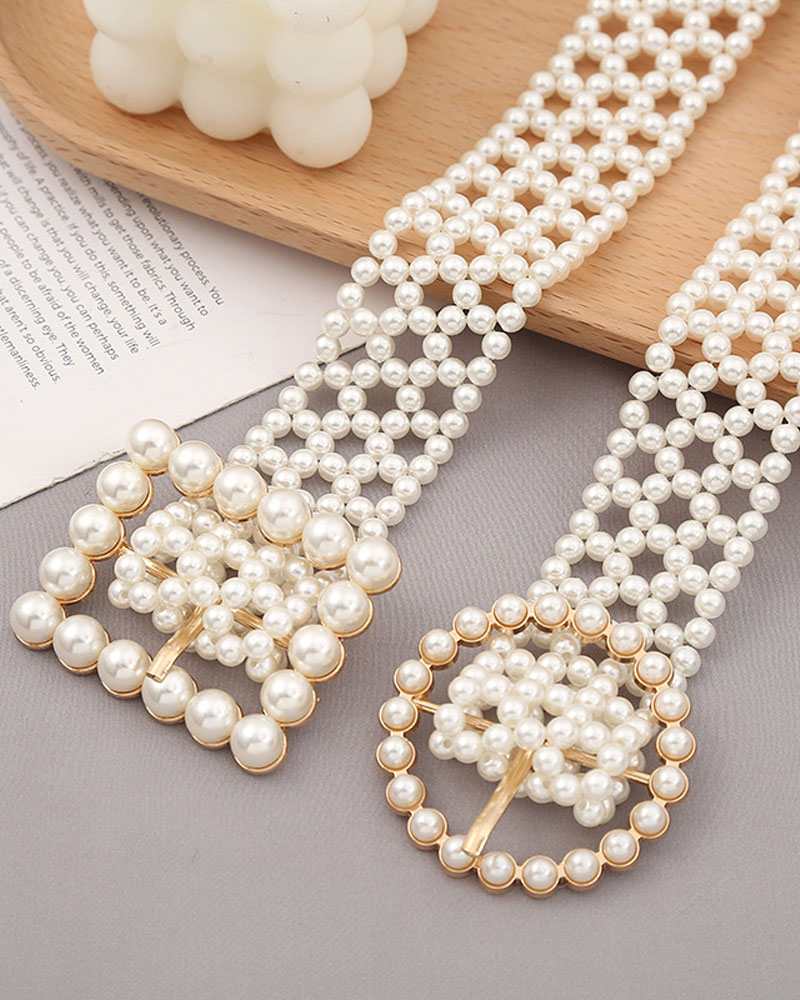 

1pc Allover Pearls Geo Buckle Belt, Style1