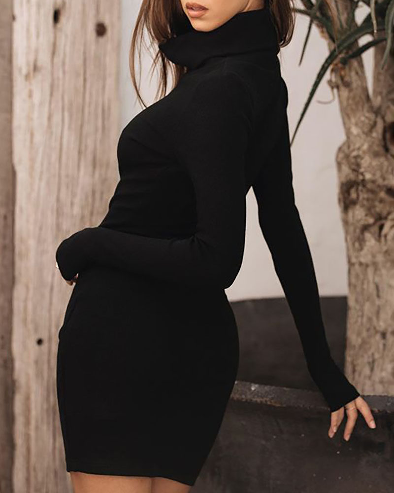 

High Neck Long Sleeve Casual Bodycon Dress, Black