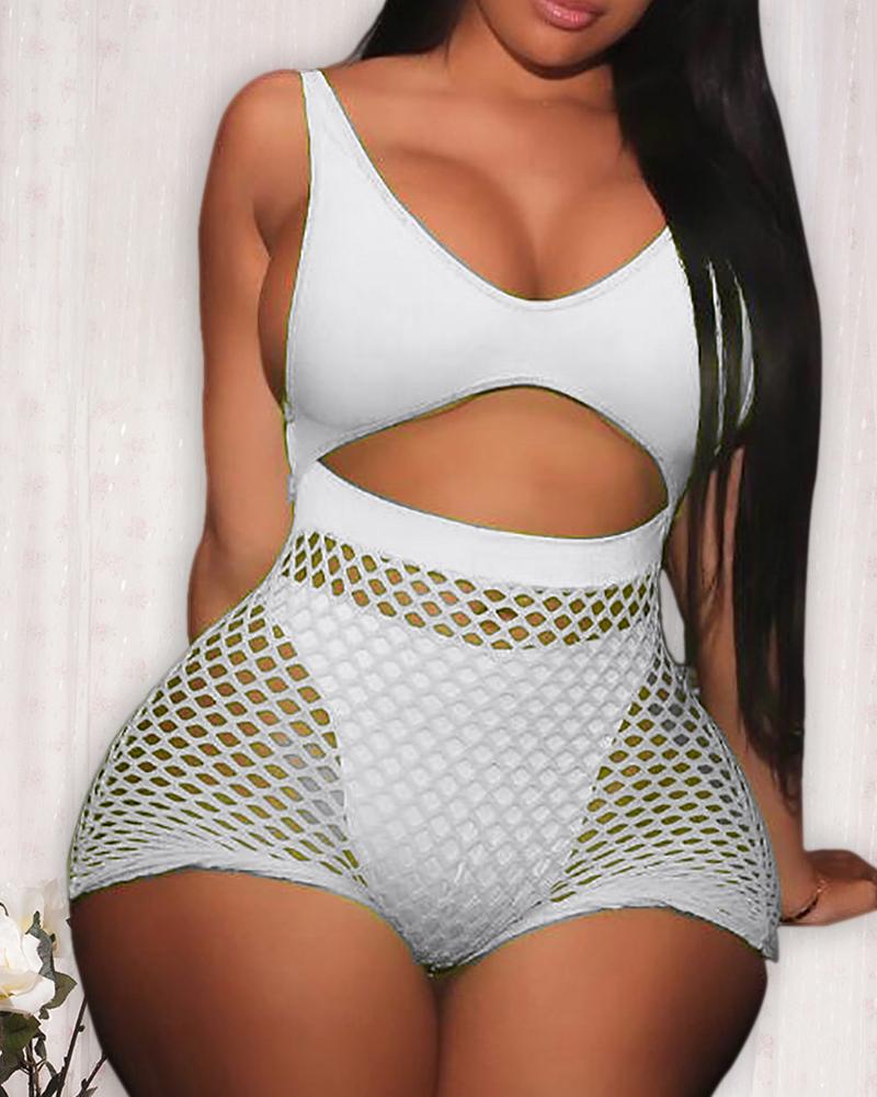 

Sleeveless V-neck Fishnet Hollow Out Romper Swimsuit With Panty, White