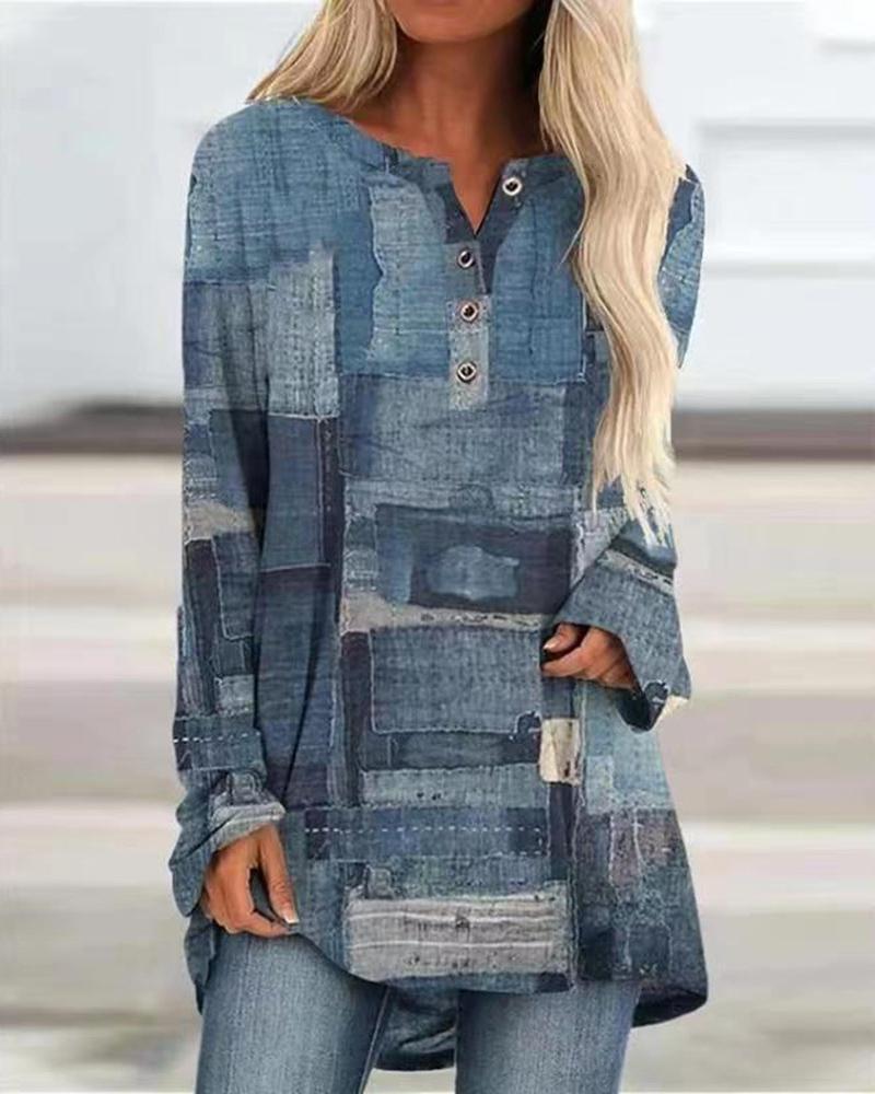 

Denim Look Print Long Sleeve Casual Top, Blue