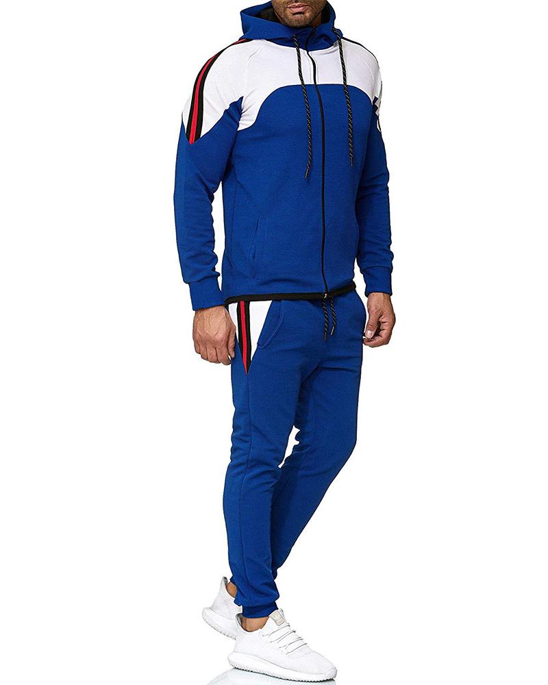 

Colorblock Long Sleeve Loose Hoodies Sweatshirts Suit Sets, Dark blue