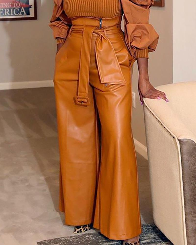 

High Waist Zipper Design Wide Leg PU Leather Pants, Brown