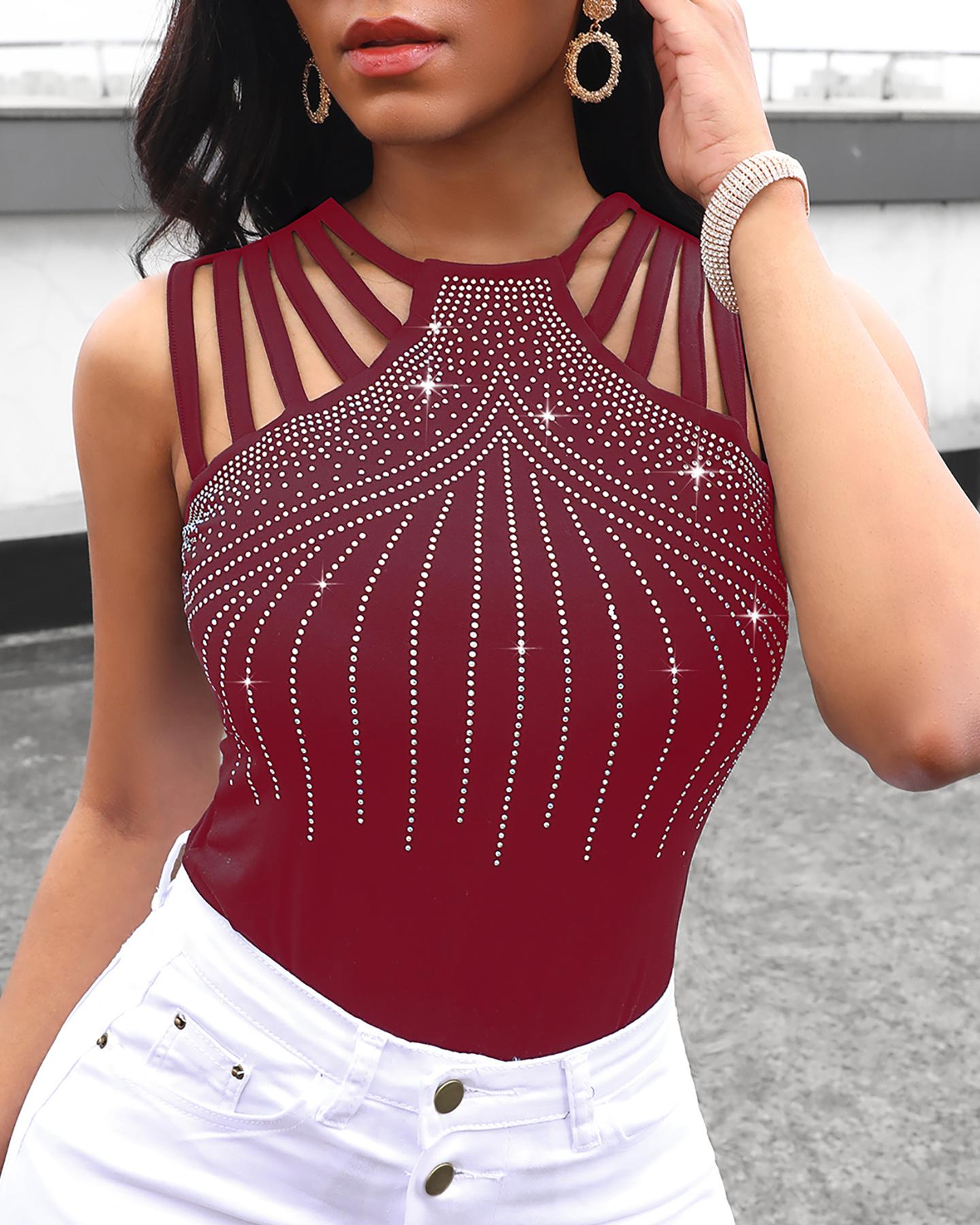 

Rhinestone Decor Multi-Strap Tank Top, Wine red