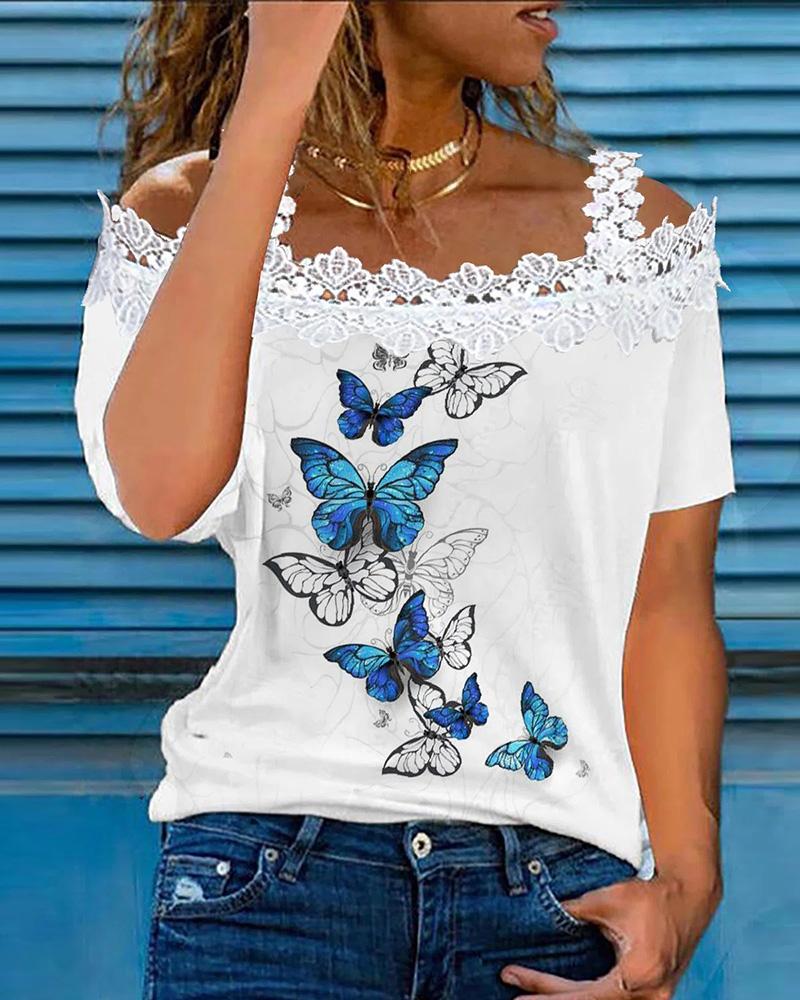 

Butterfly Print Cold Shoulder Crochet Lace Top, White