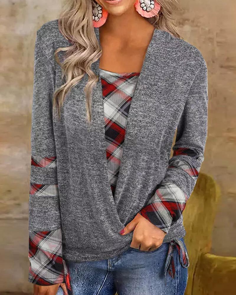 

Contrast Plaid Fake Two-Piece Long Sleeve Top, Gray