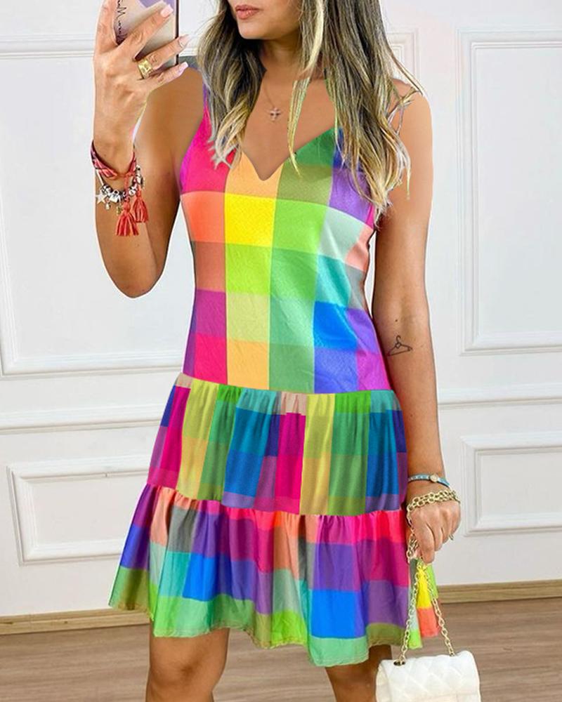 

Colorful Plaid V-Neck Ruffle Hem Cami Dress, Multicolor