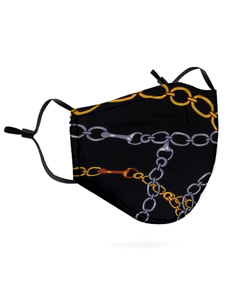 

Chain Print Breathable Mouth Mask Washable And Reusable Without Cord Lock Toggles, Black