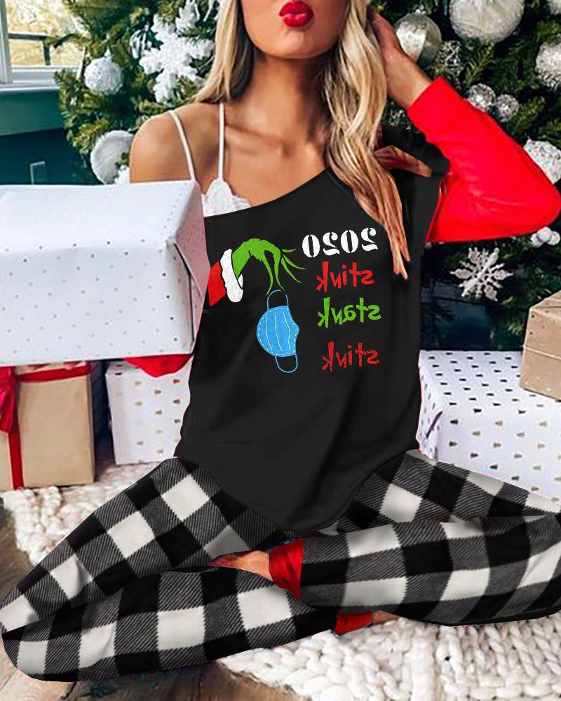 

Christmas Letter Plaid Print Long Sleeve Pajamas Set, Black