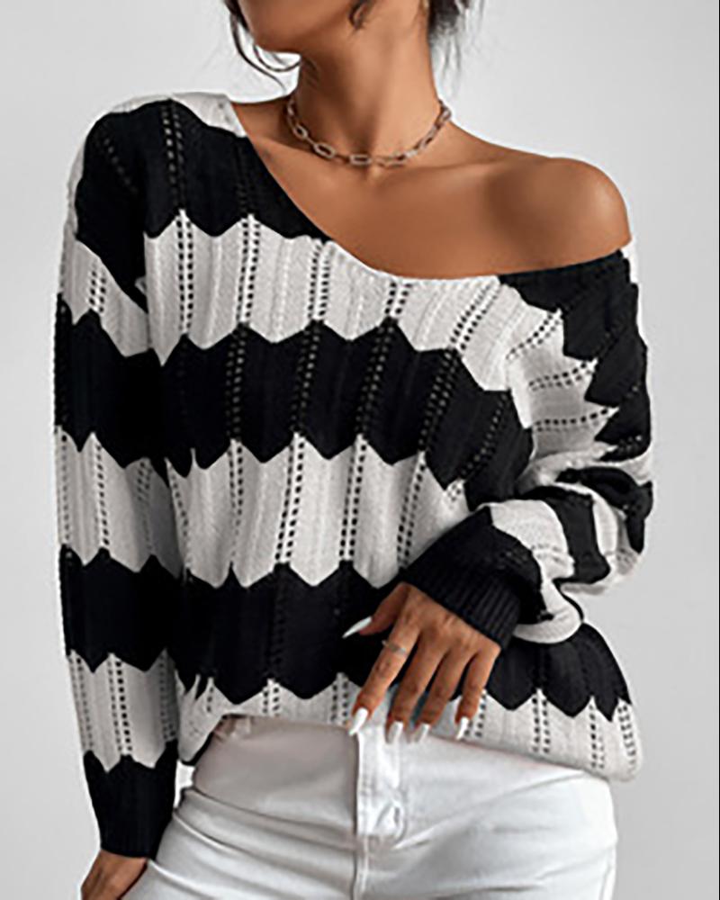 

Colorblock Long Sleeve Hollow Out Knit Sweater, White