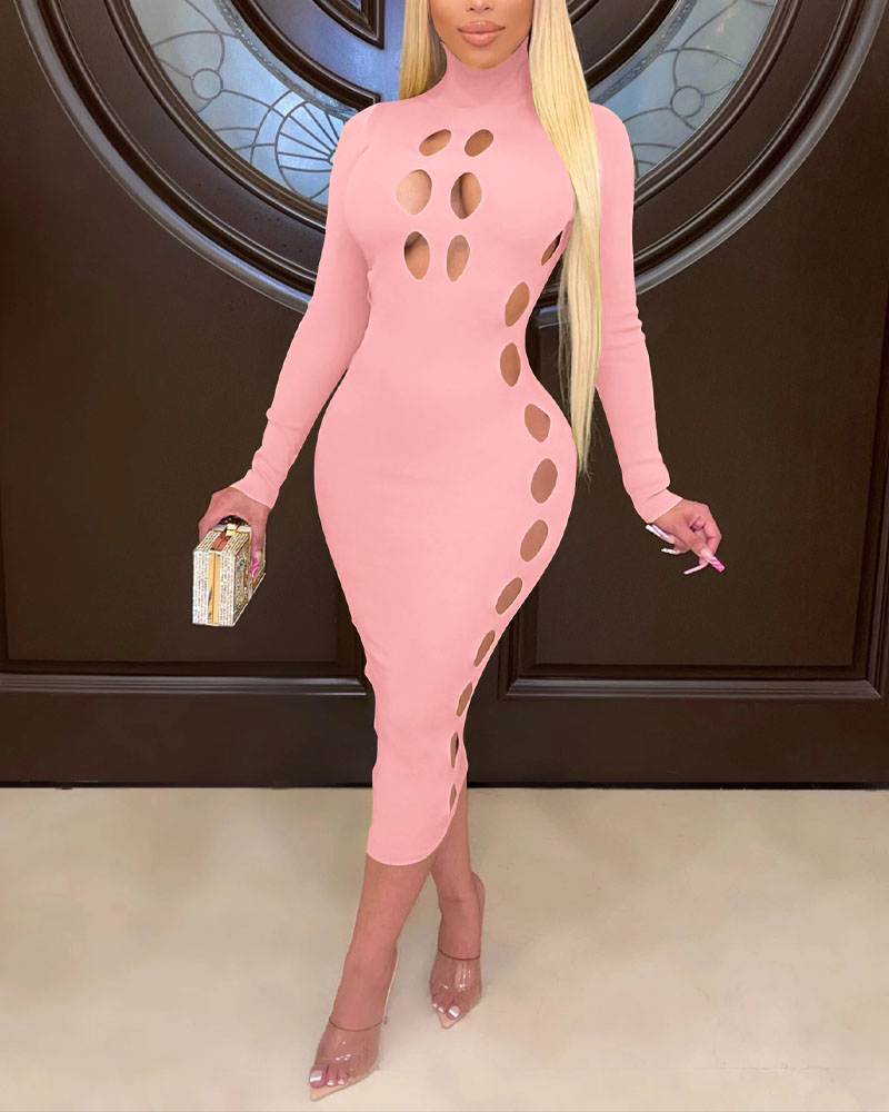 

Hollow Out Long Sleeve Bodycon Dress, Pink