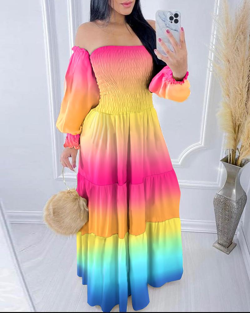 

Off Shoulder Gradient Print Smoking Maxi Dress, Multicolor