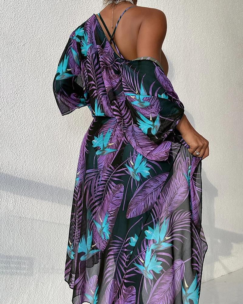 

2PCS Tropical Print One Piece Swimsuit With Cover Up, Purple