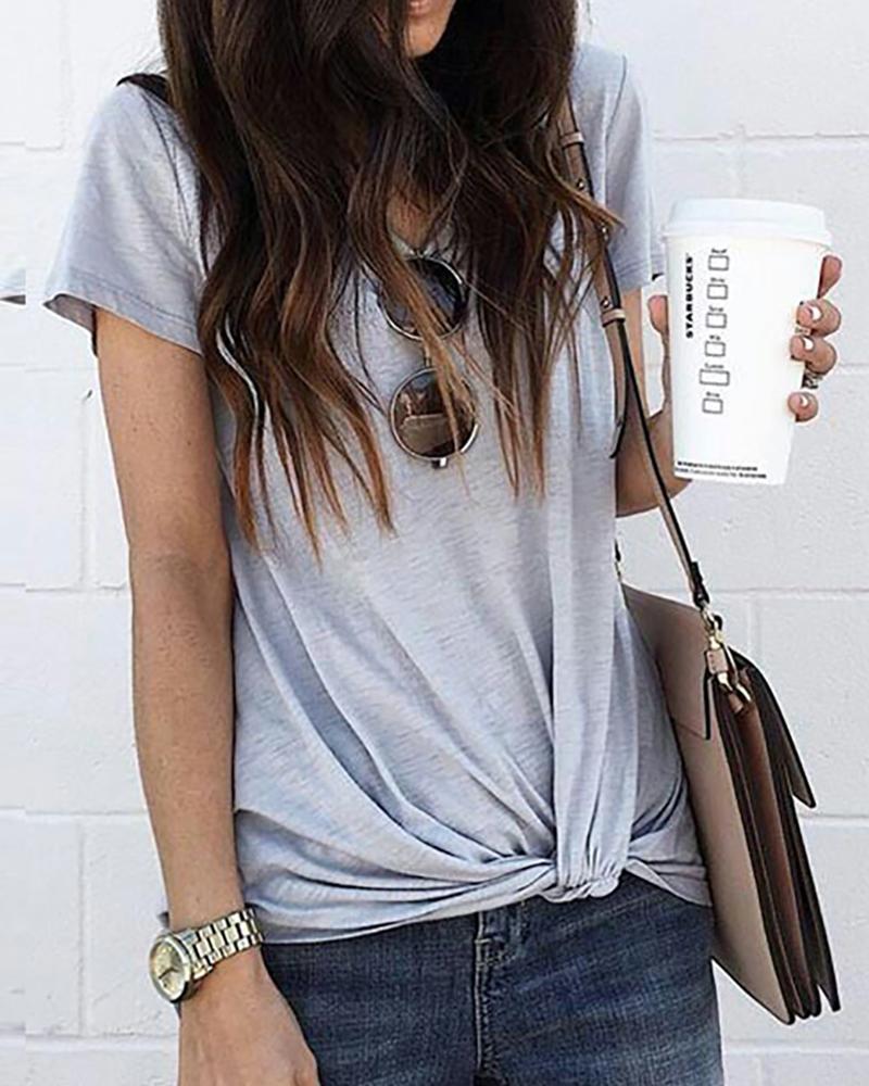 

Solid Short Sleeve Twisted Front T-shirt, Gray