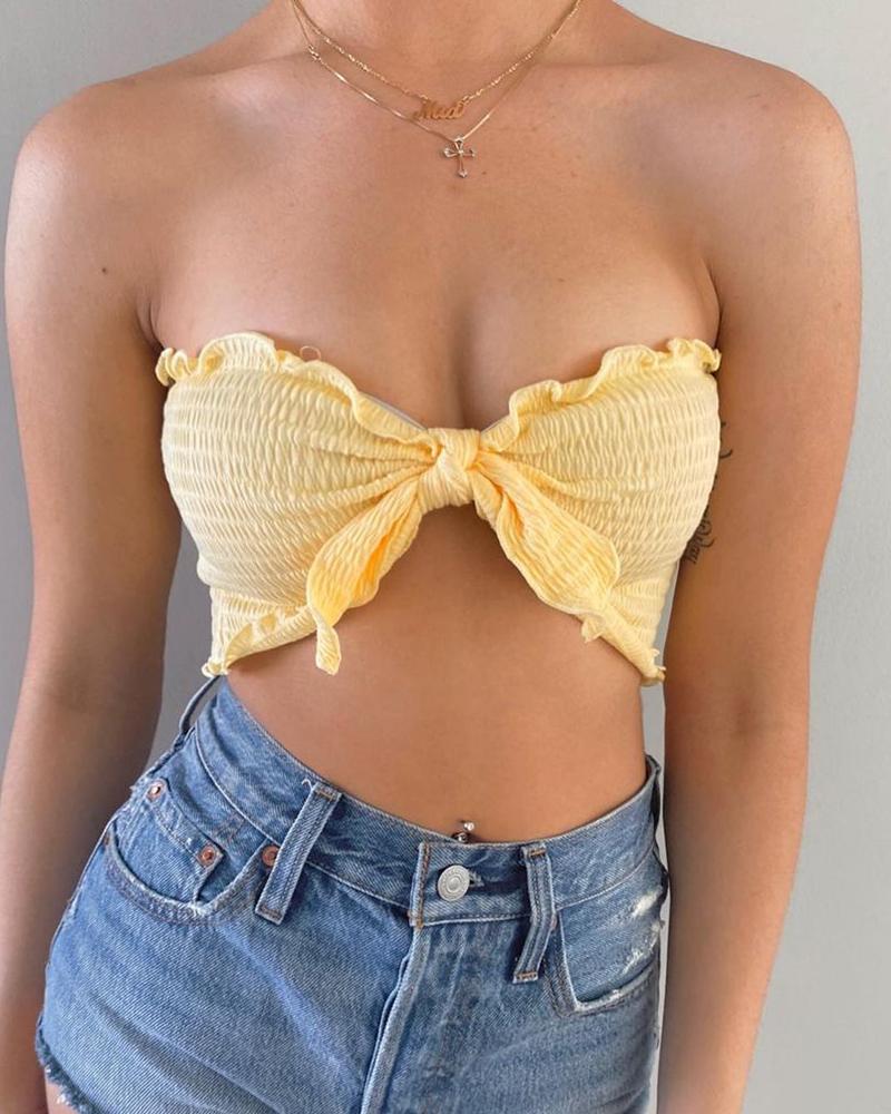 

Shirring Detail Frill Hem Bandeau Crop Top, Yellow