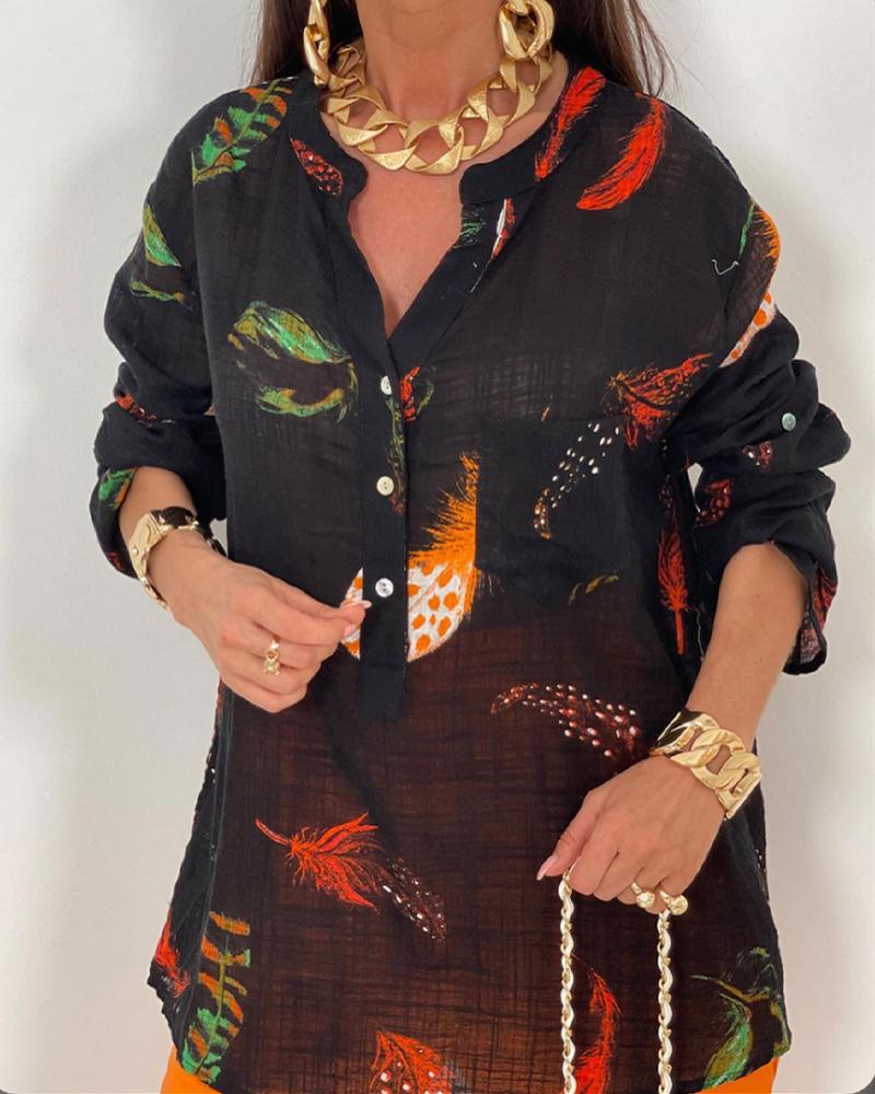 

Feather Print Button Front Long Sleeve Top, Black