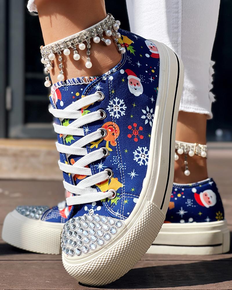 

Zapatillas de lona informales con cordones y punta redonda con diseño navideño de diamantes, Blue