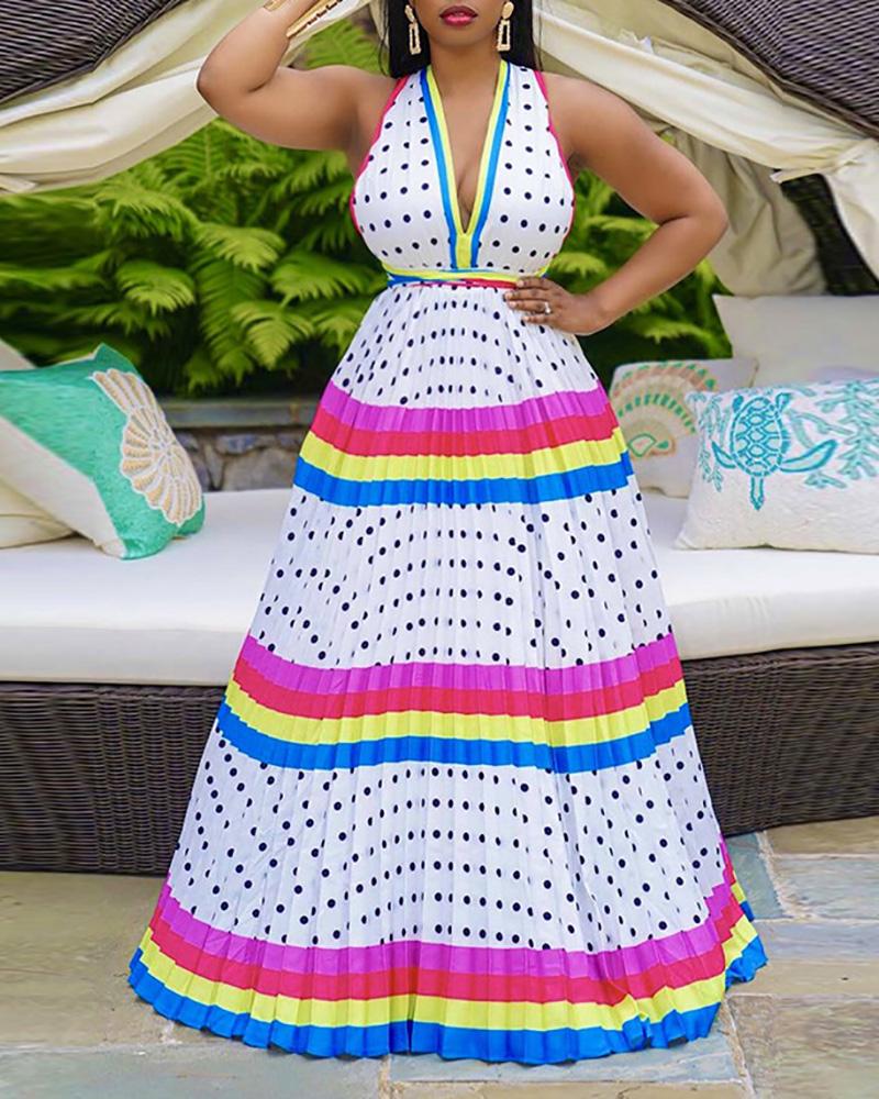 

Striped Polkadot Print Crisscross Backless Maxi Dress, White