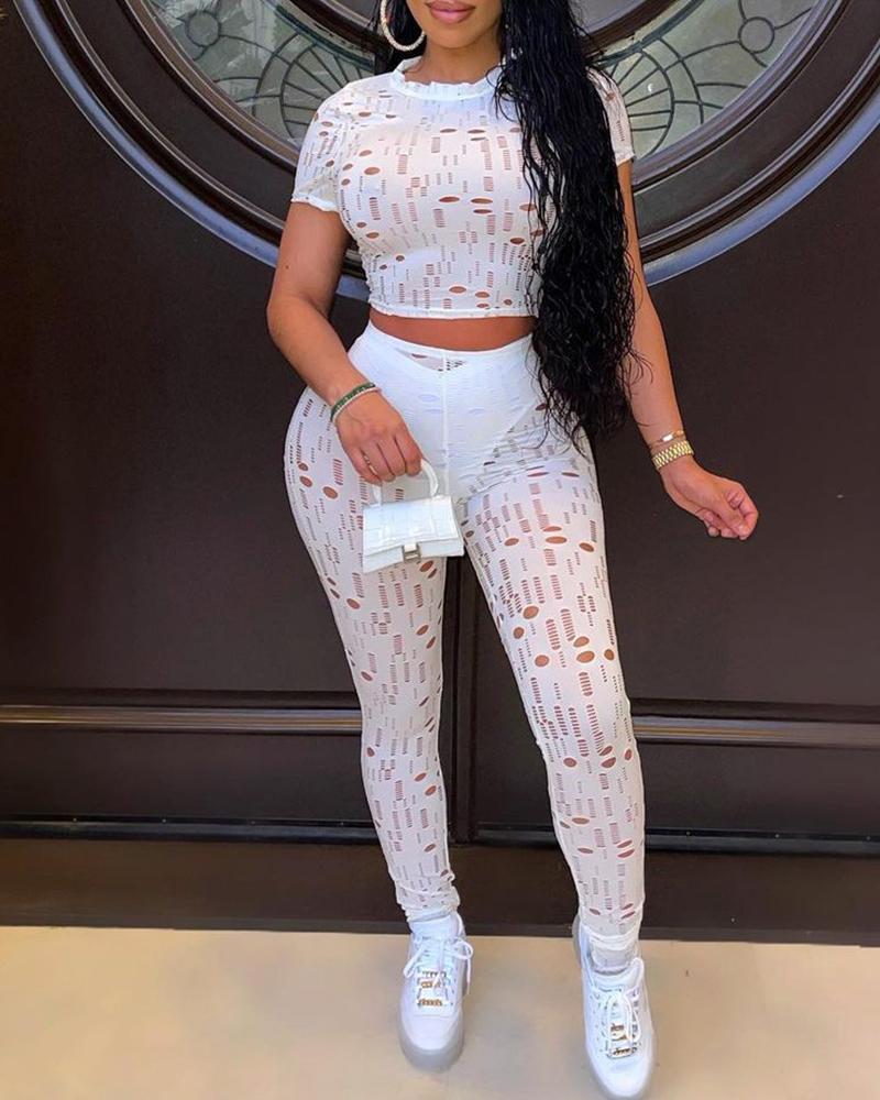 

Frill Hem Cutout Top & High Waist Pants Set, White