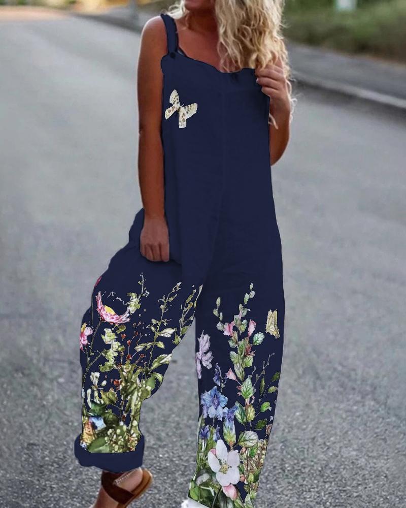 

Floral Butterfly Print Csual Suspender Jumpsuit, Purplish blue