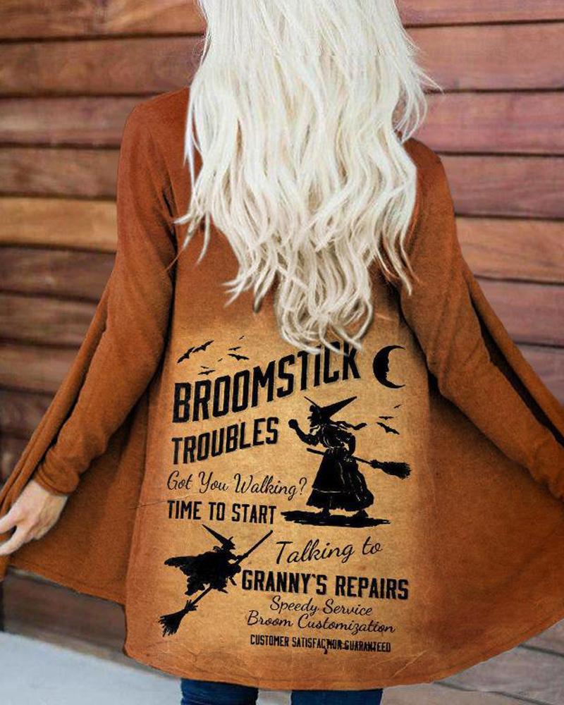 

Halloween Graphic Letter Print Long Sleeve Coat, Brown
