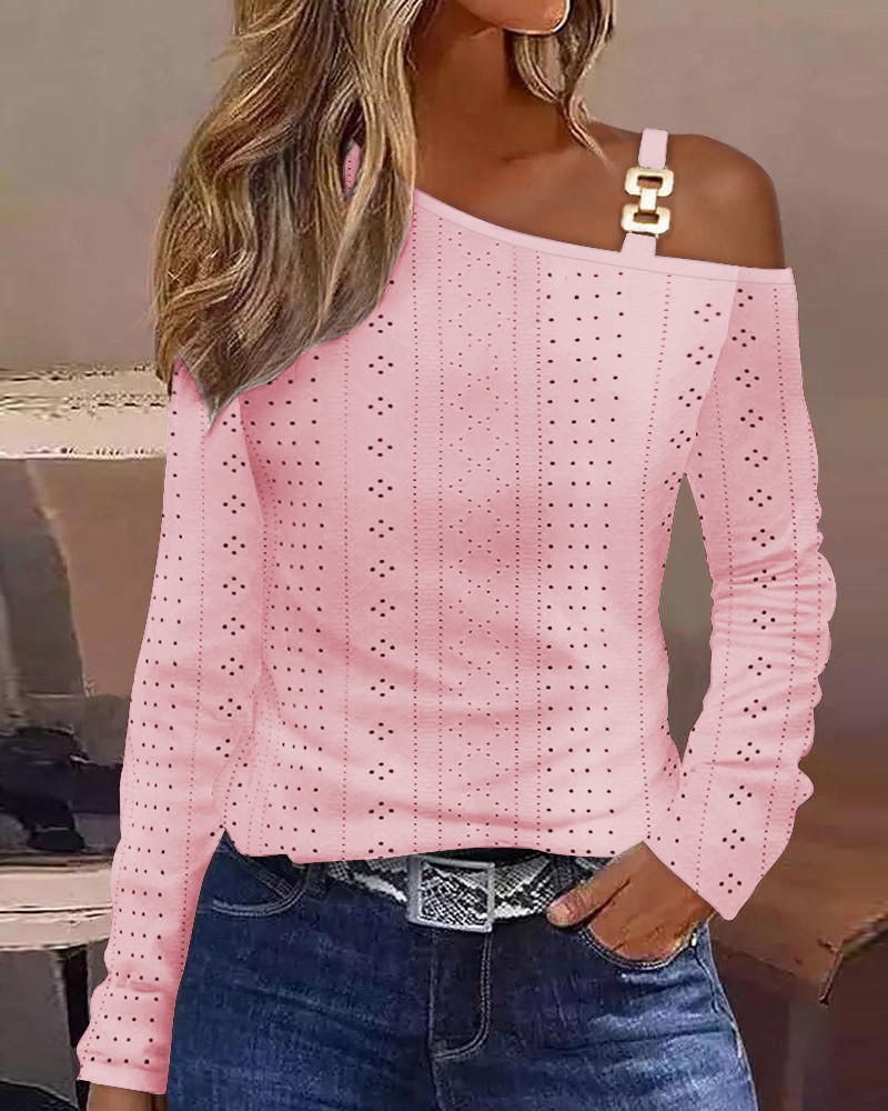 

Cold Shoulder Chain Decor Eyelet Embroidery Top, Pink