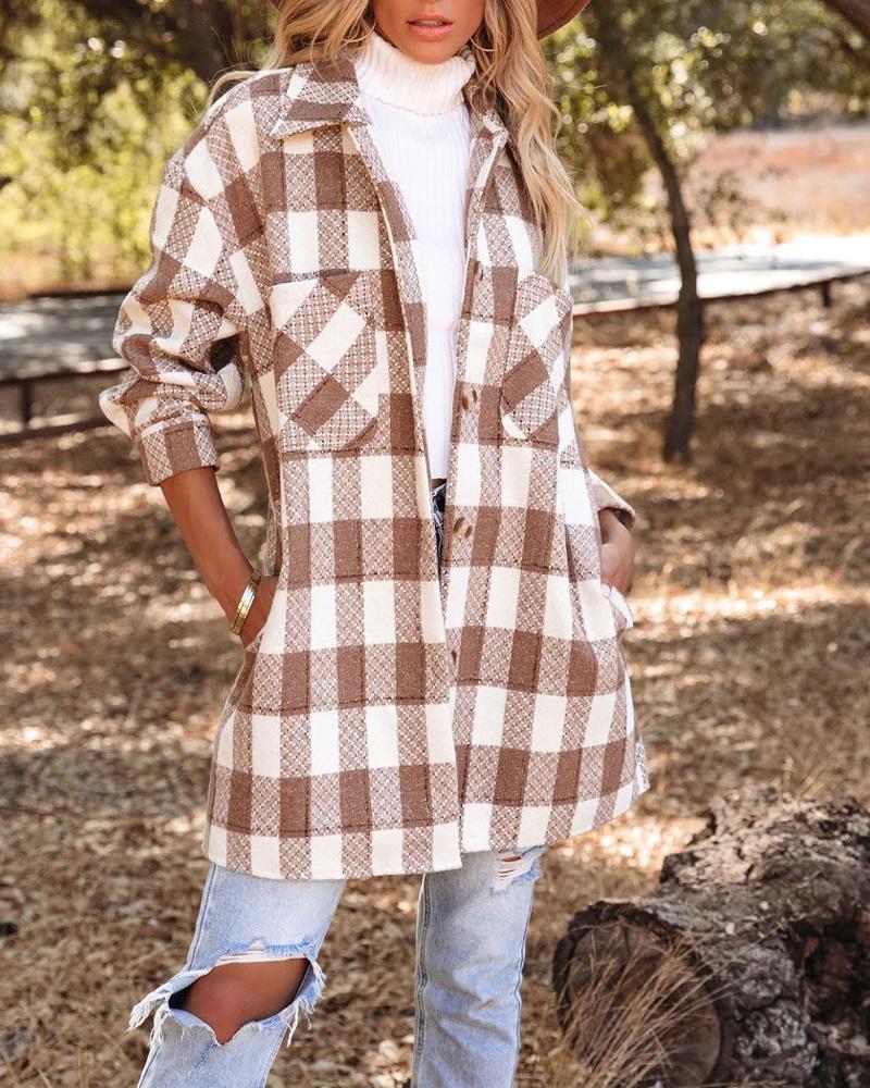 

Plaid Print Long Sleeve Button Down Shacket, Khaki