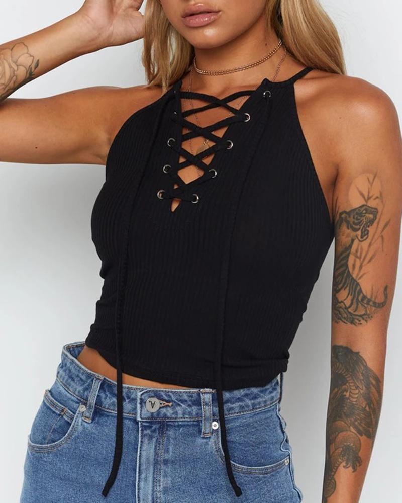 

Eyelet Lace-up Crop Top, Black
