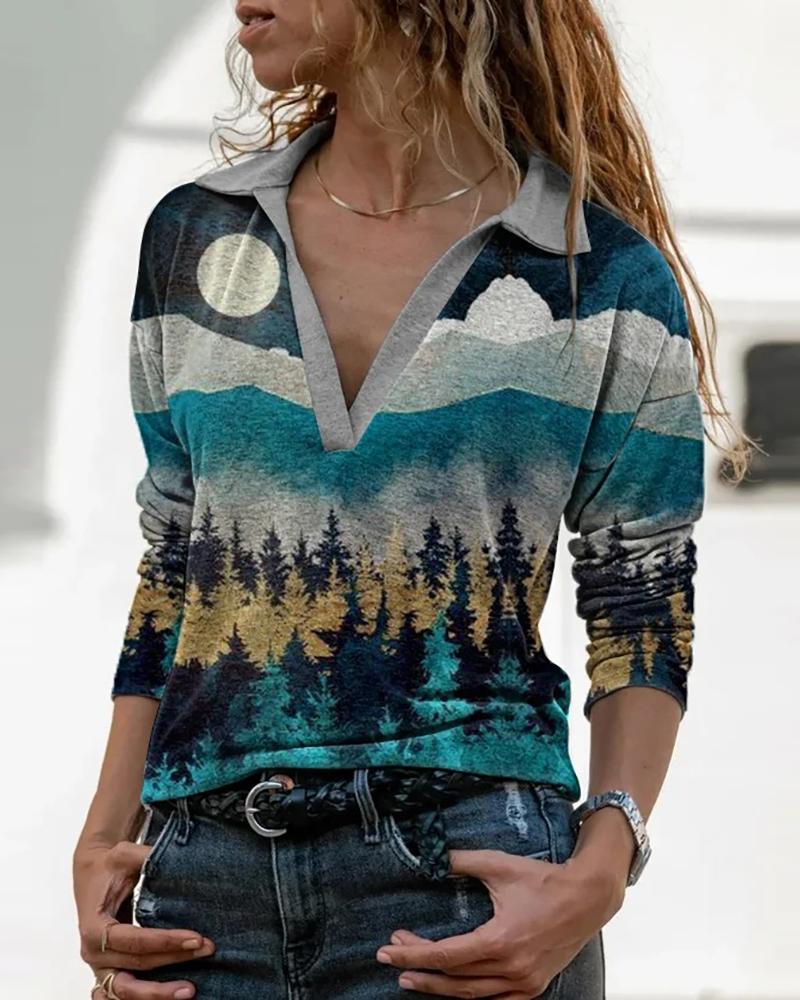 

Landscape Print Long Sleeve Women Top, Style4