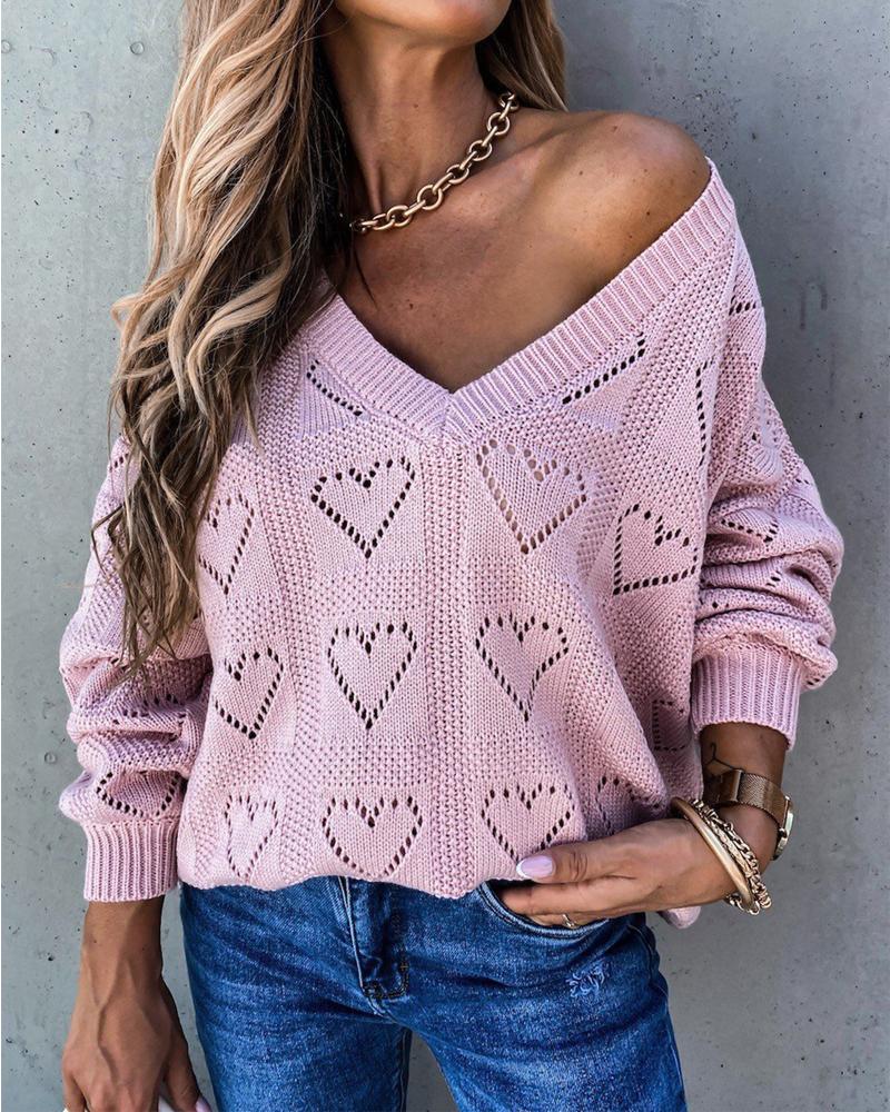 

Long Sleeve Pointelle Knit Heart Pattern Sweater, Pink