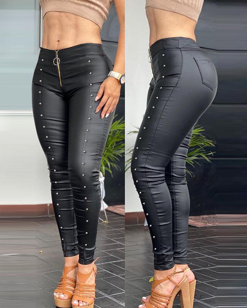 

Zipper Fly Beaded Skinny PU Leather Pants, Black