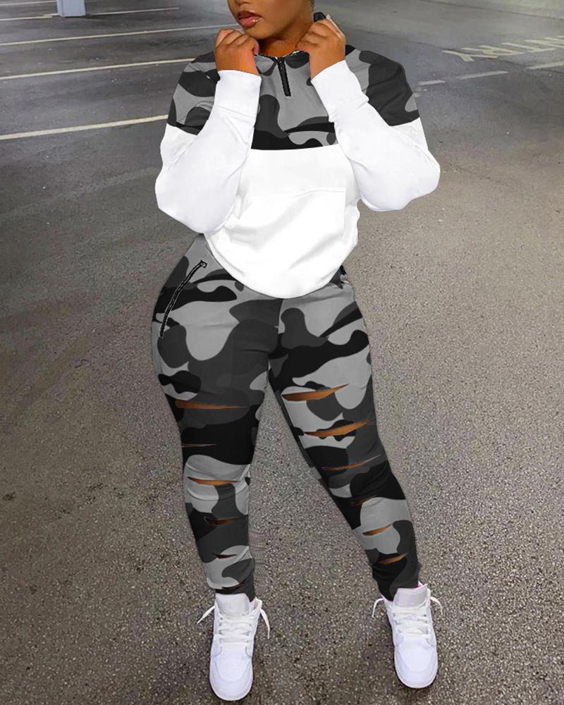 

Camo Print Long Sleeve Top & Ladder Cutout Pants Set, Gray
