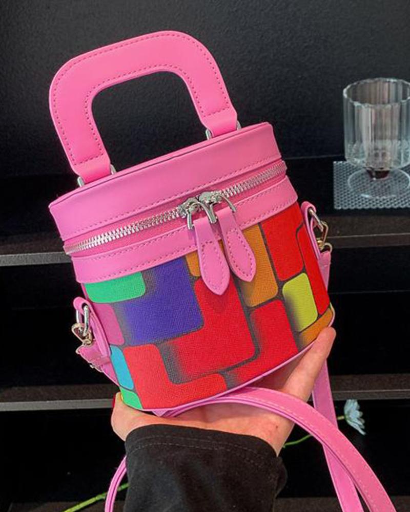 

Colorblock Zipper Detail Bucket Crossbody Handbag, Pink