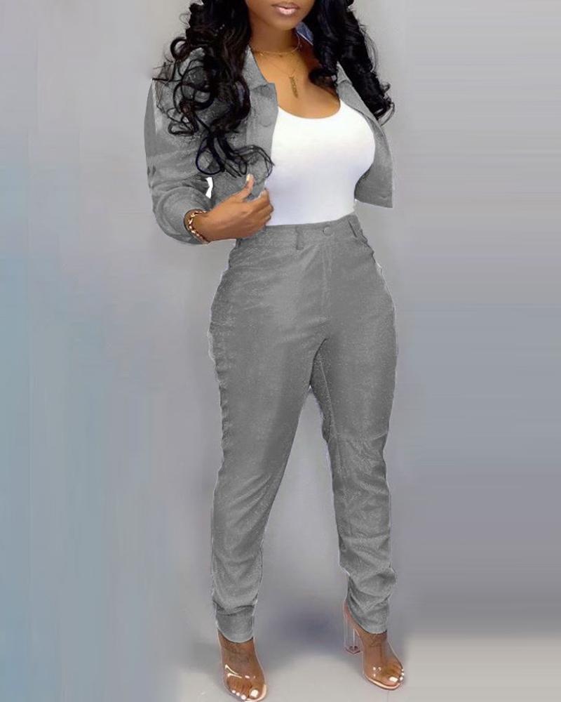 

Glitter Turn-down Collar Buttoned Crop Coat & Pants Sets, Gray