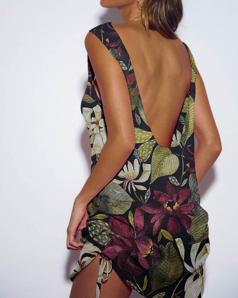 

Vacation Style Multicolor Floral Print Sleeveless Backless Ruched Mini Dress, Black
