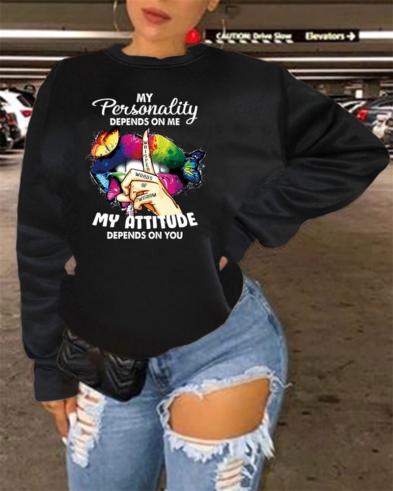 

Plus Size Slogan Butterfly Print Long Sleeve Sweatshirt, Black