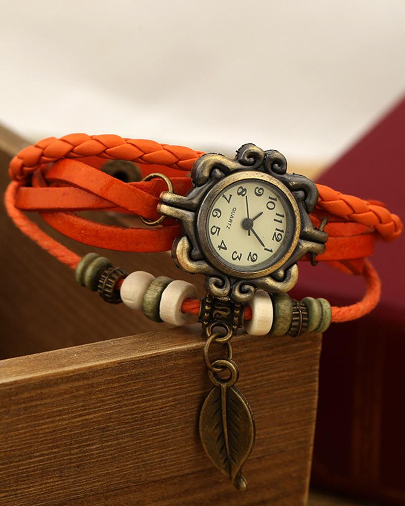 

1pc Braided Leaf Pattern Beaded Bohemian Wrap Around Watch, Orange