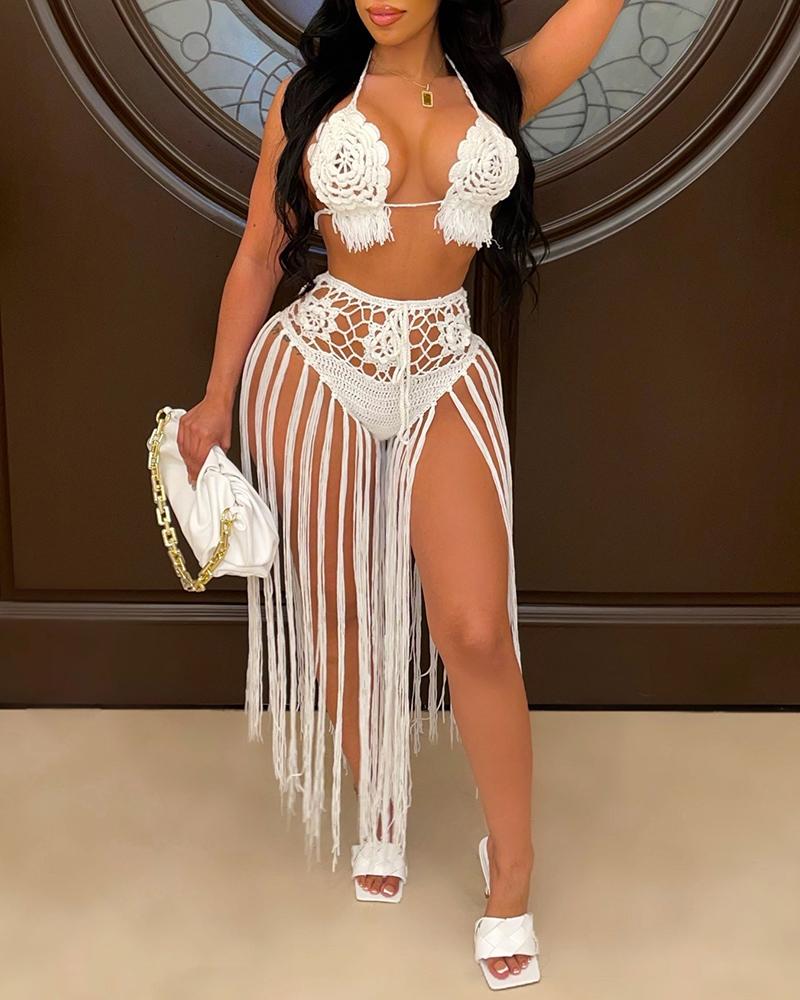 

Halter Cutout Tassel Design Tied Detail Crochet Bikini Set, White
