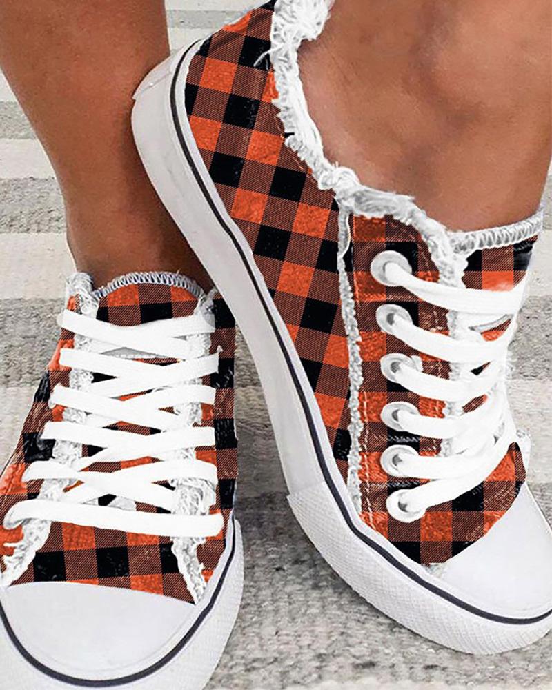 Plaid Print Fringe Hem Canvas Shoes