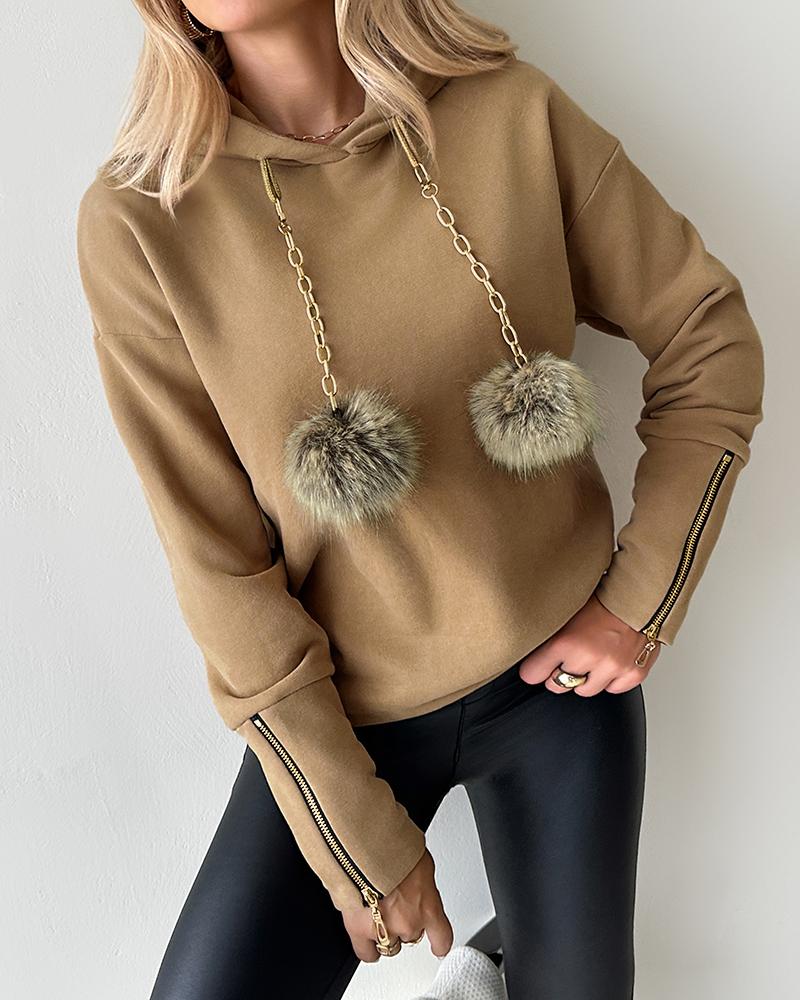 

Pom Pom Decor Zip-up Long Sleeve Hoodie, Khaki