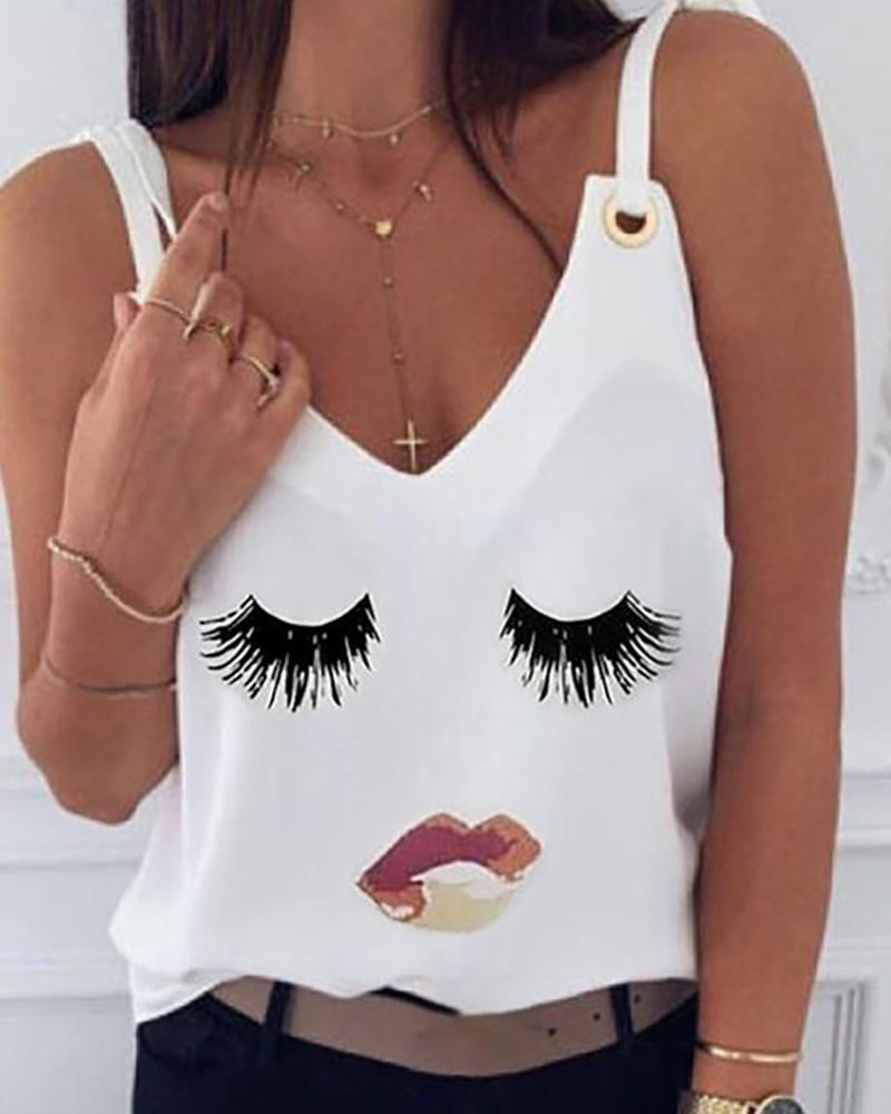 

Tied Strap Eyes Print Casual Top, White