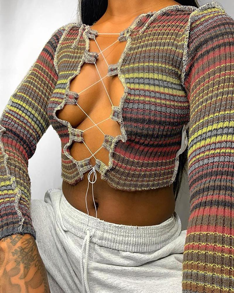 

Colorblock Lace-up Long Sleeve Crop Top, Multicolor