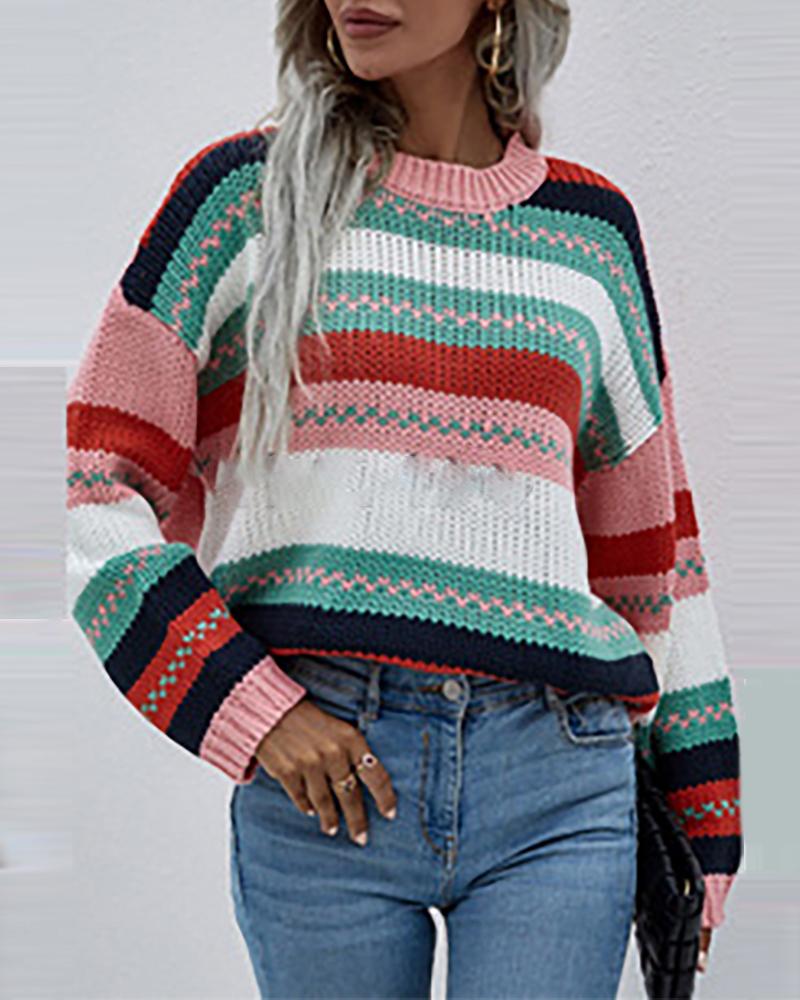 

Knit Colorblock Long Sleeve O Neck Sweater, Purple