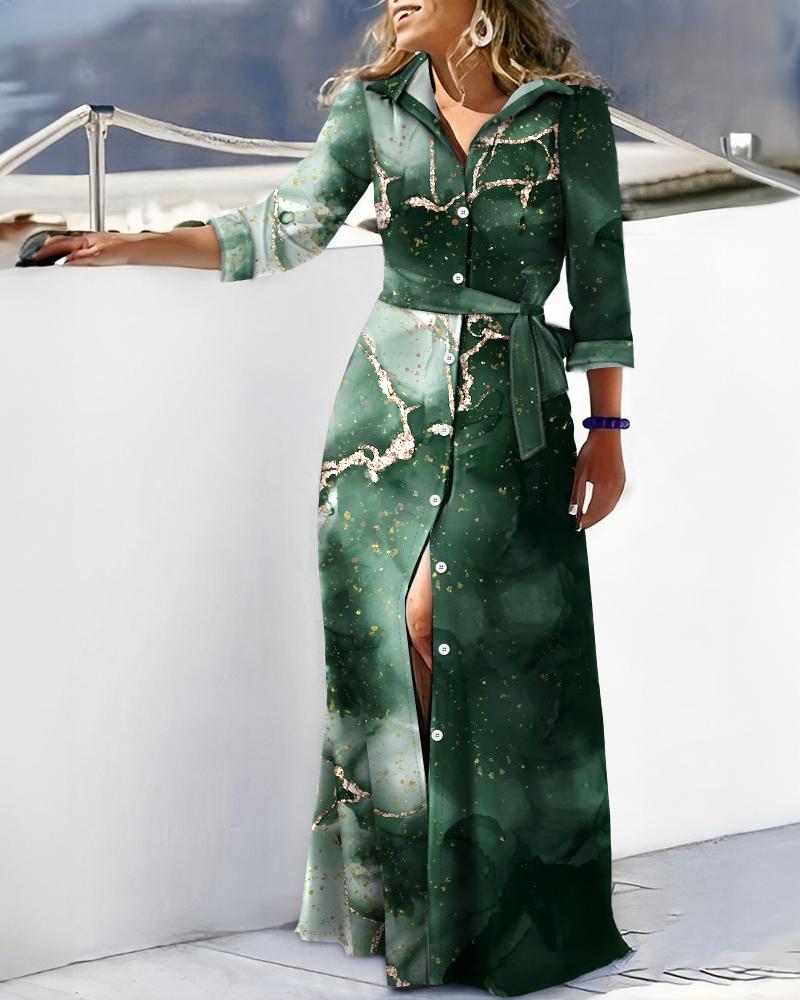 

Marble Ink Splash Print Tied Detail Shirt Dress, Green