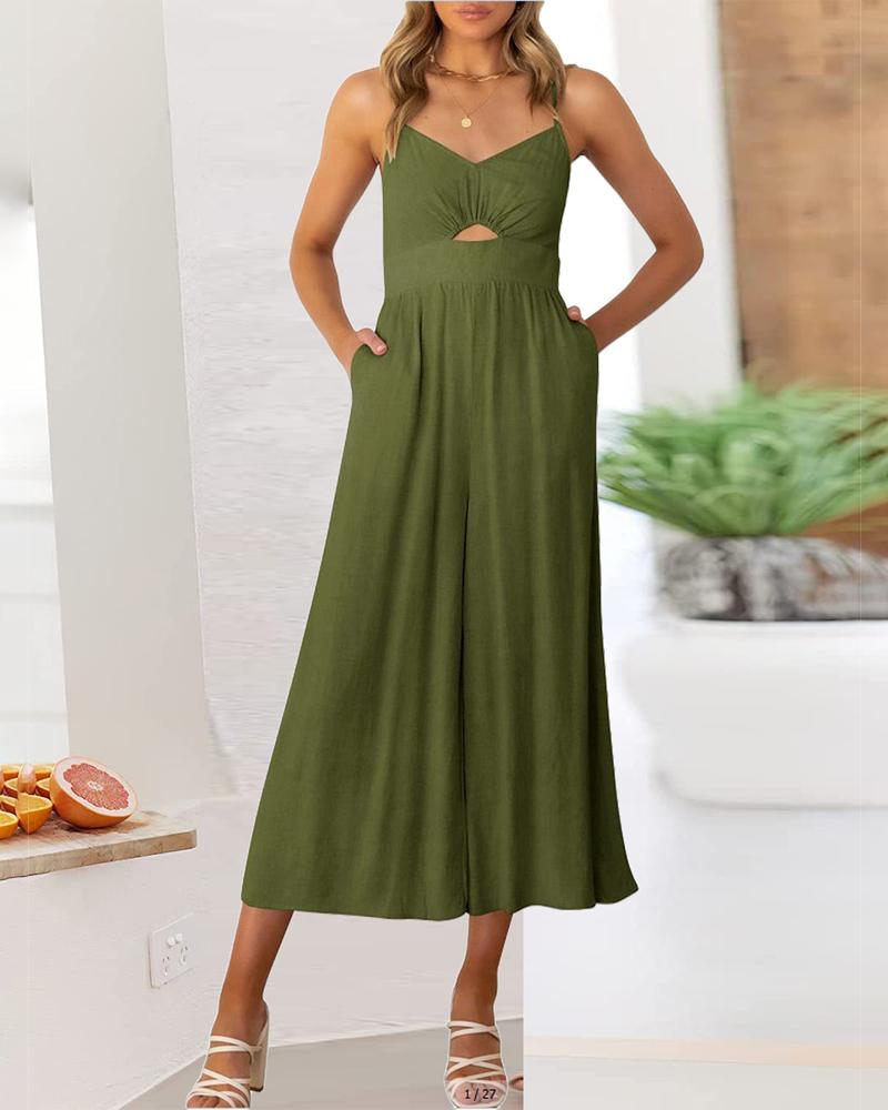 

Cutout Spaghetti Strap Wide Leg Jumpsuit, Green