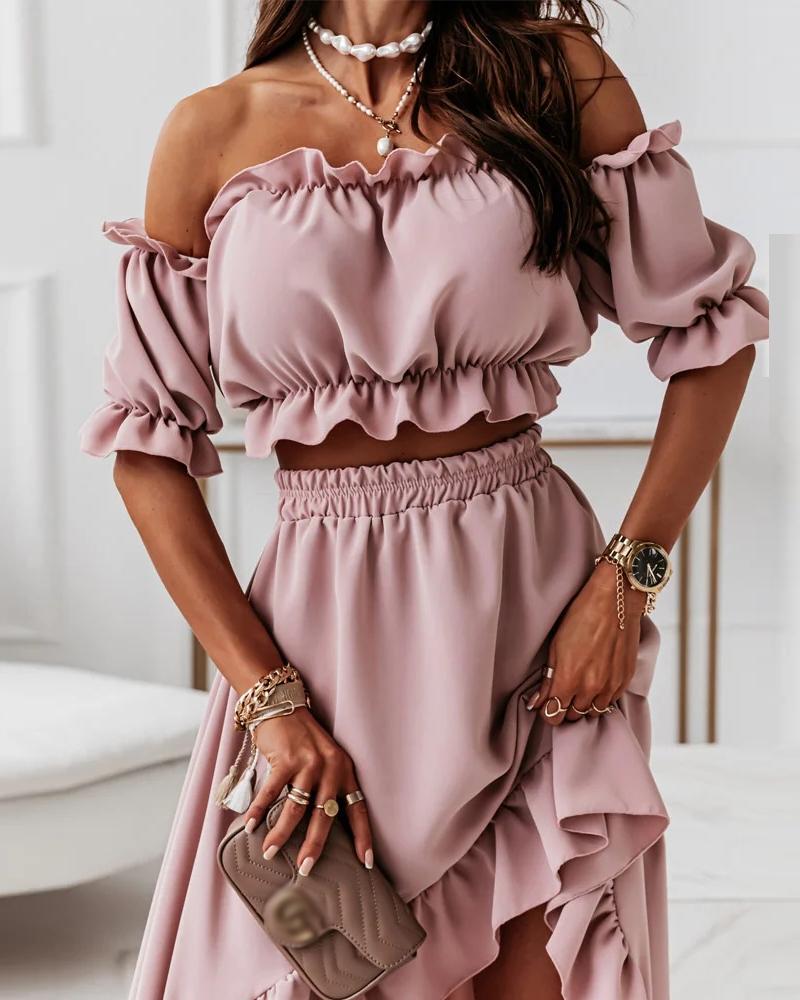 

Off Shoulder Crop Top & Ruffles Dip Hem Skirt Set, Pink