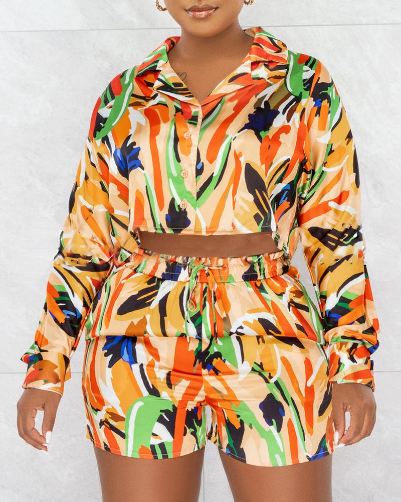 

Allover Print Crop Top & Drawstring Shorts Set, Multicolor
