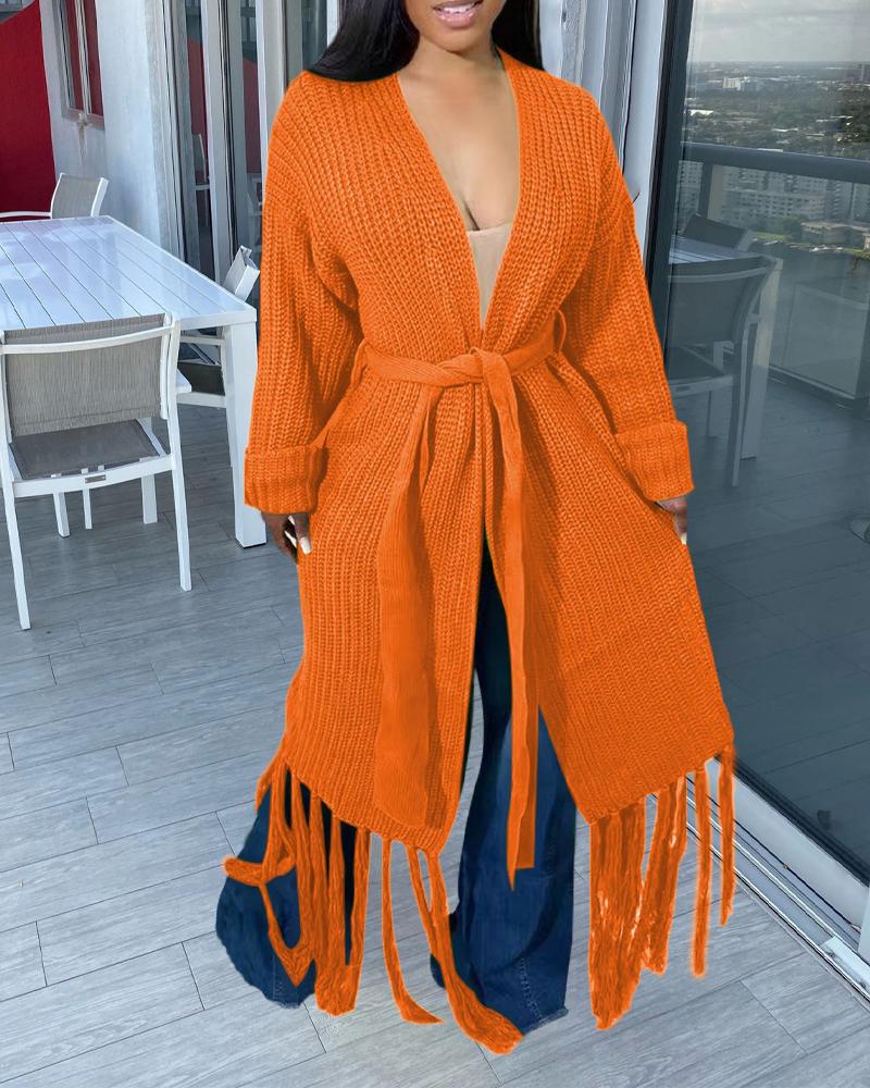 

Tassel Trim Open Front Chunky Knit Longline Cardigan, Orange