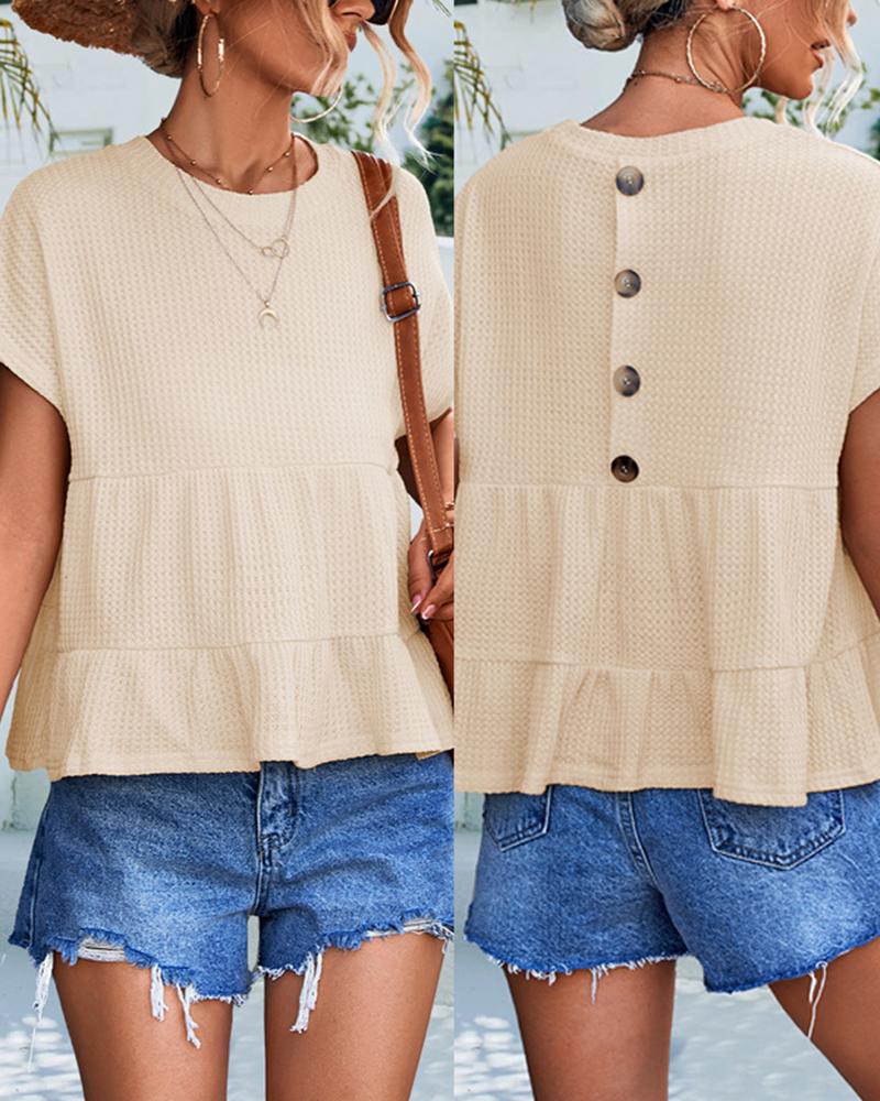 

Short Sleeve Buttoned Ruffle Hem T-shirt, Apricot